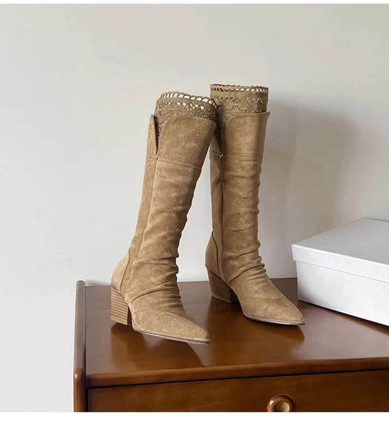 Pleated Design Knee-High Boots Vintage Faux Suede Lace High heels Western Cowboy Long Booties Shoes