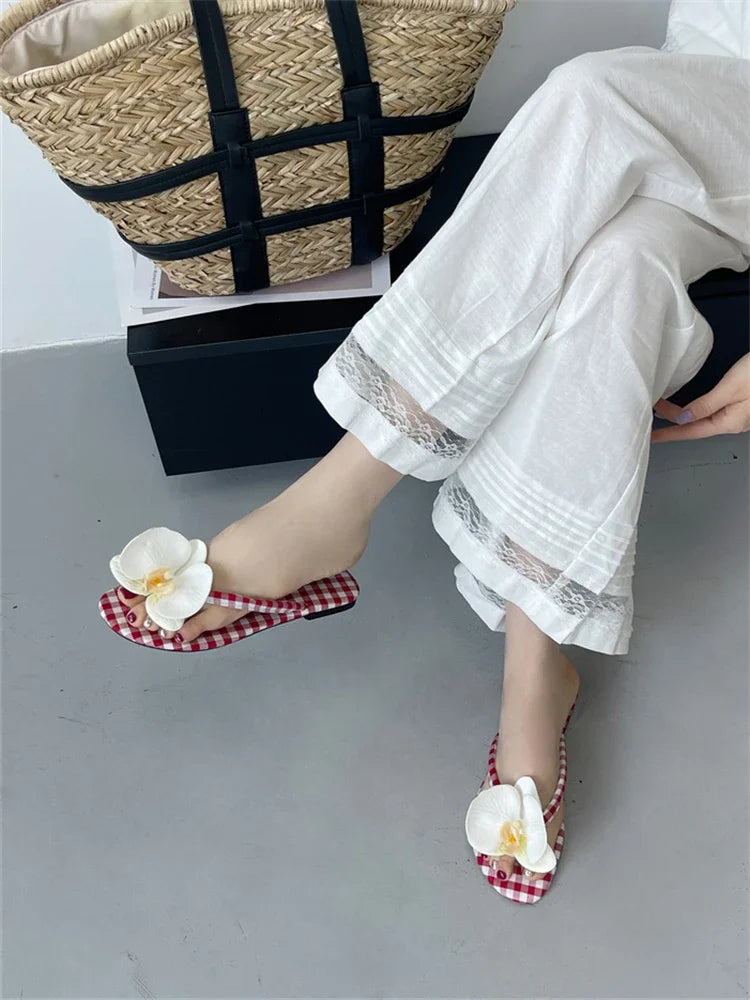 Design Flower Geometric Clip Toe Low Flat Heels Slippers Casual Flip Flops Party Shoes