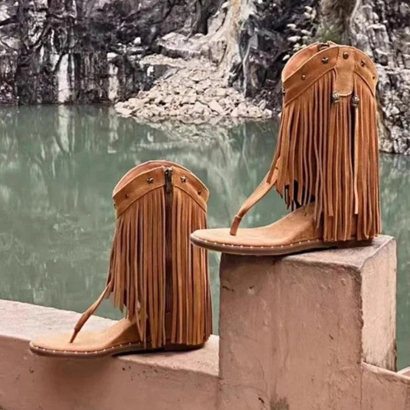 Fringe Ankle Cool Boots Sandals Flats Clip Toe Shoes Brand Casual Woman Zapatillas