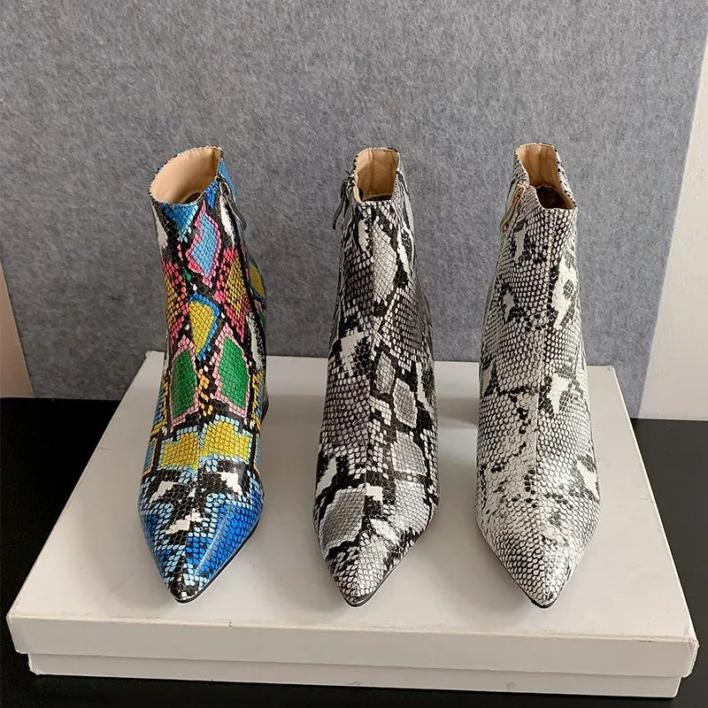 Snake Print Pu Leather Ankle Boots Zip Pointed Toe Footwear Block High Heels Boot Party Shoes 43