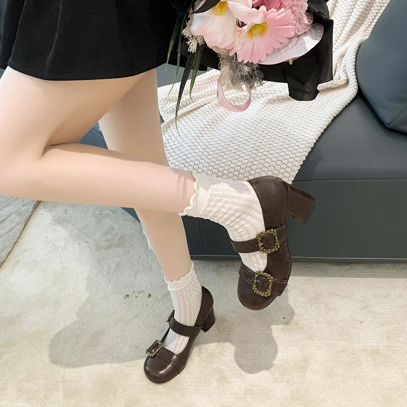Thick Heel Mary Jane Shoes Metal Buckle Strap Shoes Vintage Dress Leather Pumps