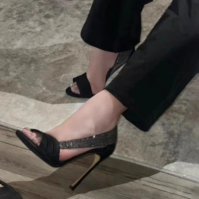 and pointed fish mouth rhinestone lace-trimmed hollow single shoes high-heeled banquet dress sandals