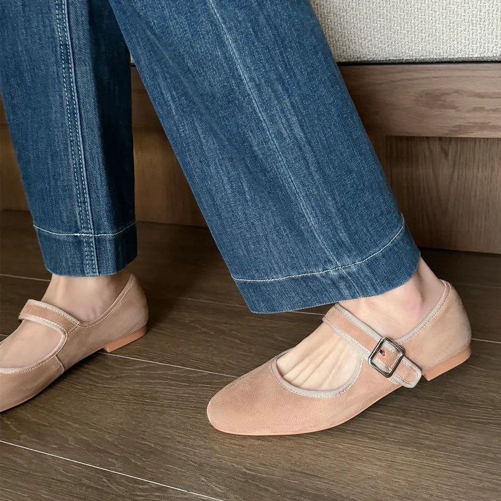 Flats Round Toe Genuine Leather Buckle Strap Mary Janes Office Lady Working Shoes Woman Concise