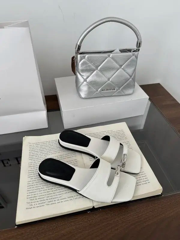Shoes Woman Slippers Square Toe Slides Rivet Pantofle Flat Rivet Shoes Slippers Pan