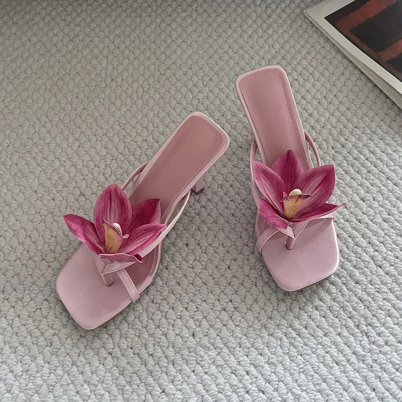 Flower Thin Heels Pumps Slides Shoes Flip flops Square Toe Heeled Sandals Shoes Big Size 43