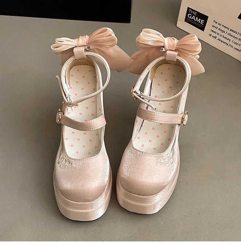 Pink Lolita High Heels Pumps Cute Bow Round Ankle Straps Chunky Platform Mary Jane Shoes Embroidered Heels