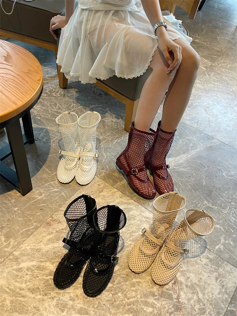 Woman Ankle Boots Burgundy Mesh Flat Shoes Porosity Round Toe Low Heels Shoes White Flats Size 43 Botas Feminino
