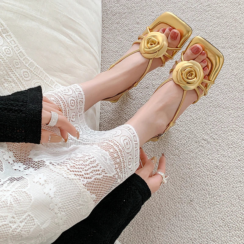 Open Toe Camellia Flower Sandals Square Toe Hollow Strappy Daily Casual High Heels Beach Shoes