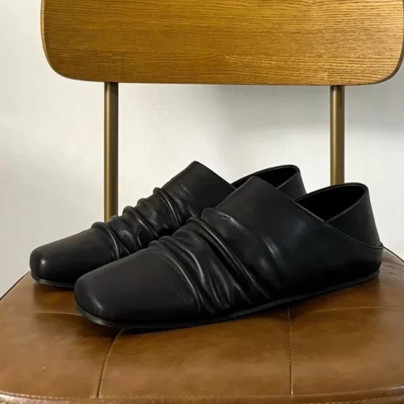 Pleated Leather Flat Mules Shoes Woman High Quality Squared Toe Slippers Comfort Outdoor Casual Flats