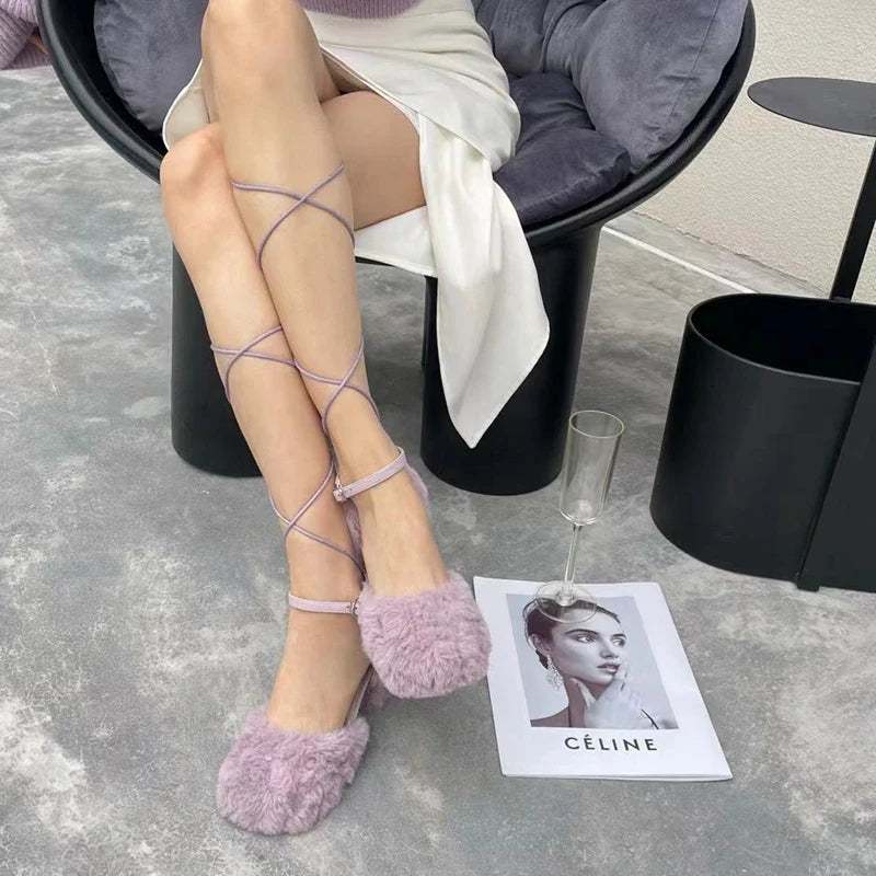 Brand Sandal Furry Elegant Square Low Heel Dress Pumps Shoes Outdoor Slingback Shoes