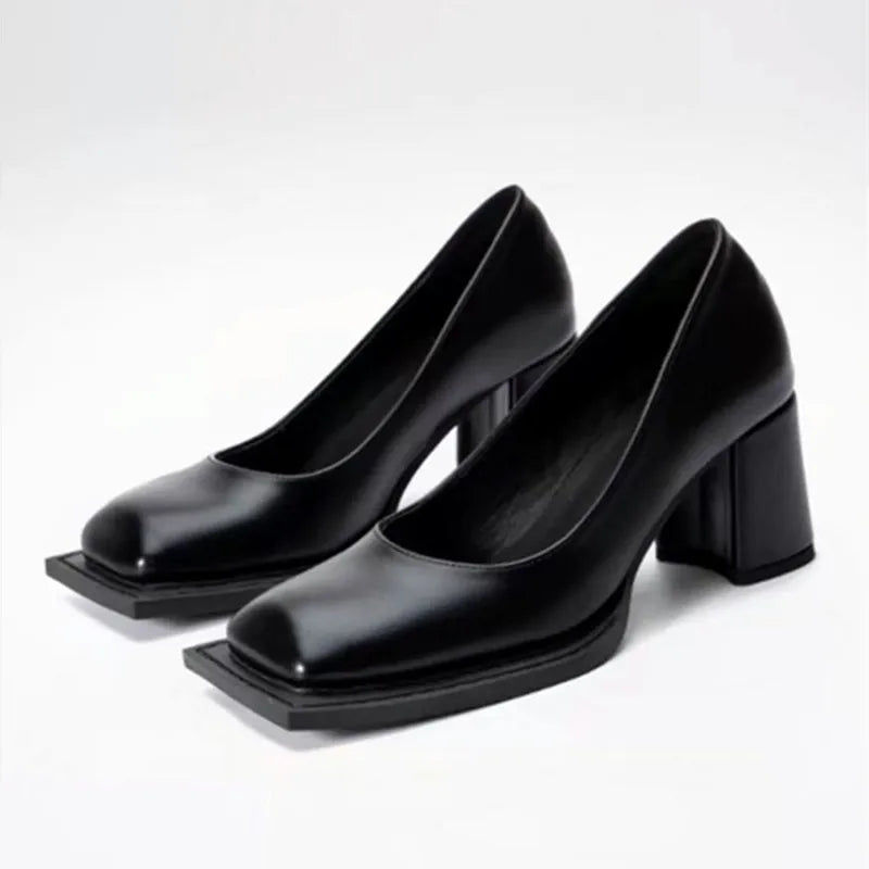 Pumps Square Toe Chunky Heel High Heels Black Soft Leather Elegant Evening