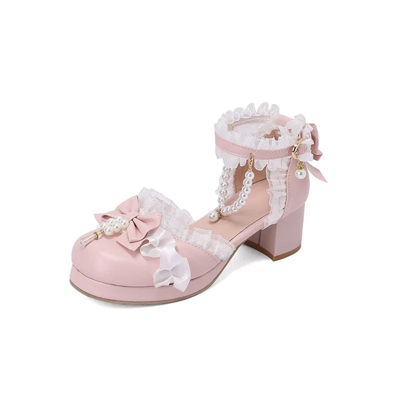Kawaii Ankle Strap Lolita Pumps Round Toe Platform Thick Mid Heel Buckle Bow Bead Cosplay Lady Shoes Autumn