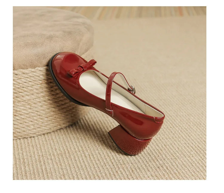 Round toe bowtie mary janes pumps thick high heels lolita shoes ankle strap japanned leather talons femmes