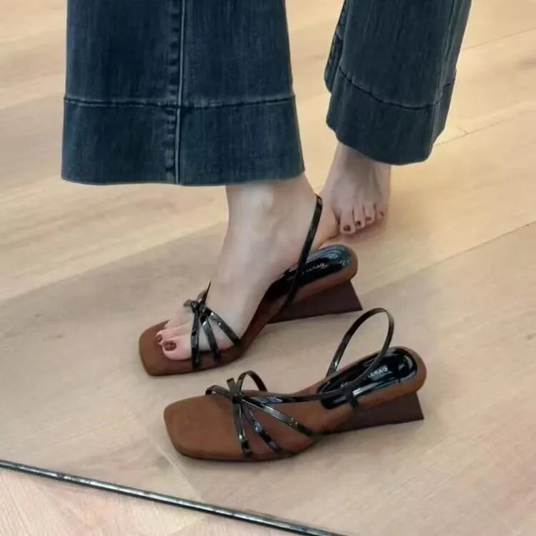 Kitten High Heels Open Toe Sandals Cross Narrow Band Low Slippers Stylish Comfortable Multi-work Shoes Flat Heels