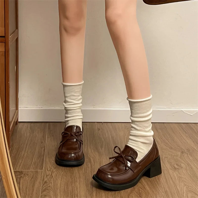 College Style Platform Loafers Shoes Shallow Slip On Shoes Elegant Thick Heel Leather Shoes