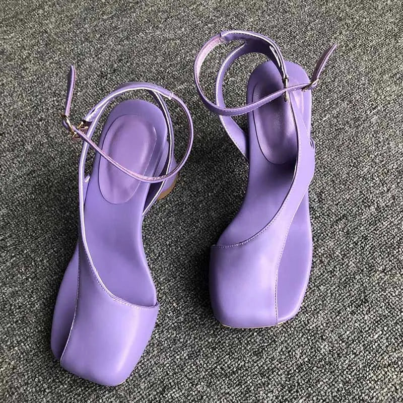 Leather Sandals Square Toe Ankle Strap Chunky Heel Elegant Party Evening