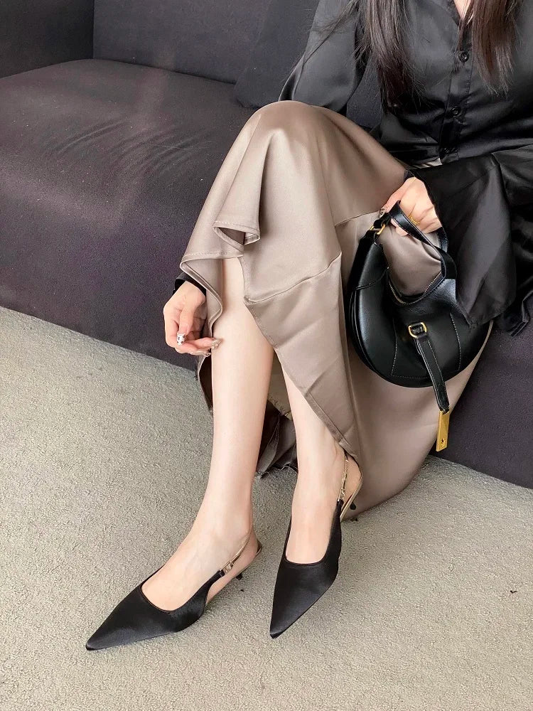 Satin Pointed Toe Mules Sandals High Quality Shallow Thin Low Heels