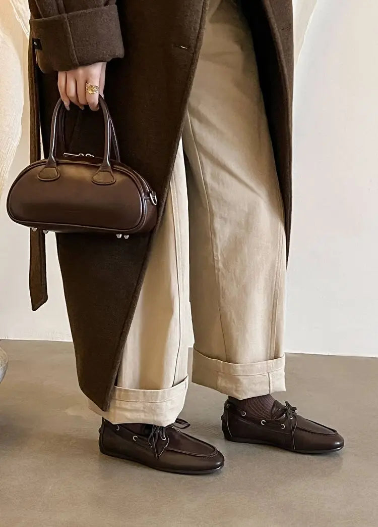 Leather Flats Shoes Loafers Round toe Vintage Suede Leather Casual British Style Flat Single Shoes