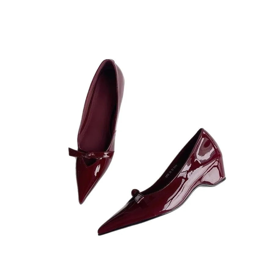 Lamb Skin Mary Janes Pointed Toe Low Heel Slip-On Shoes French Elegance Butterfly Knot