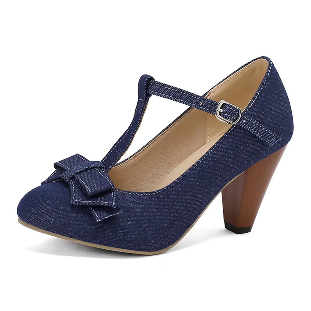 Plus Size 48 Brand Round Toe Chunky Heel Pumps Elegant Bow Buckle Solid Party Shoes