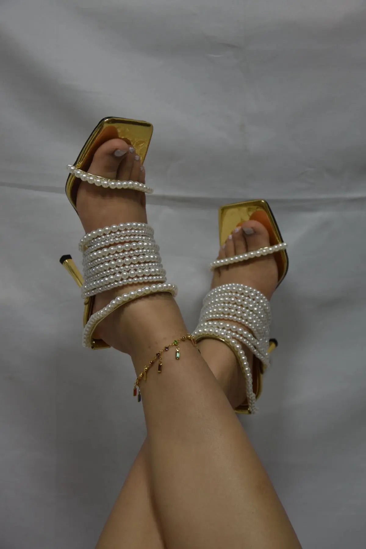 Brand Desigh Gold String Bead Pearl Wrap Slip On Thin Heels Party Elegant Bride Wedding