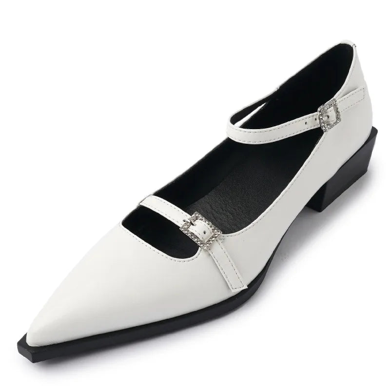 Low Heels Pointed Toe Vintage Genuine Leather Mary Janes Shoes Woman Casual Office Ladies