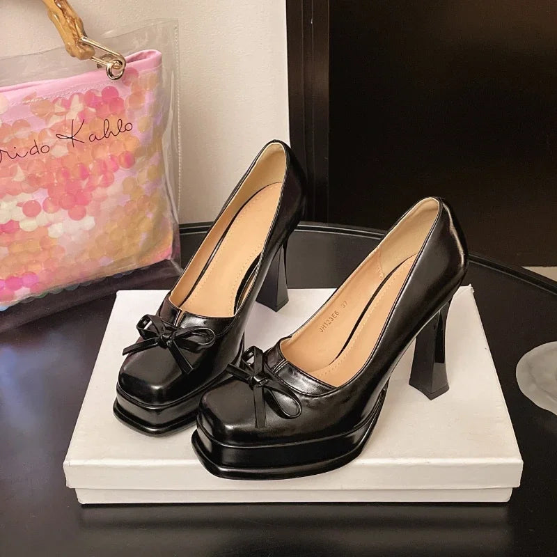Platform Thick Heel Mary Jane Shoes Concise Shallow Slip On Work Shoes Elegant Stripper Party Dress Pumps