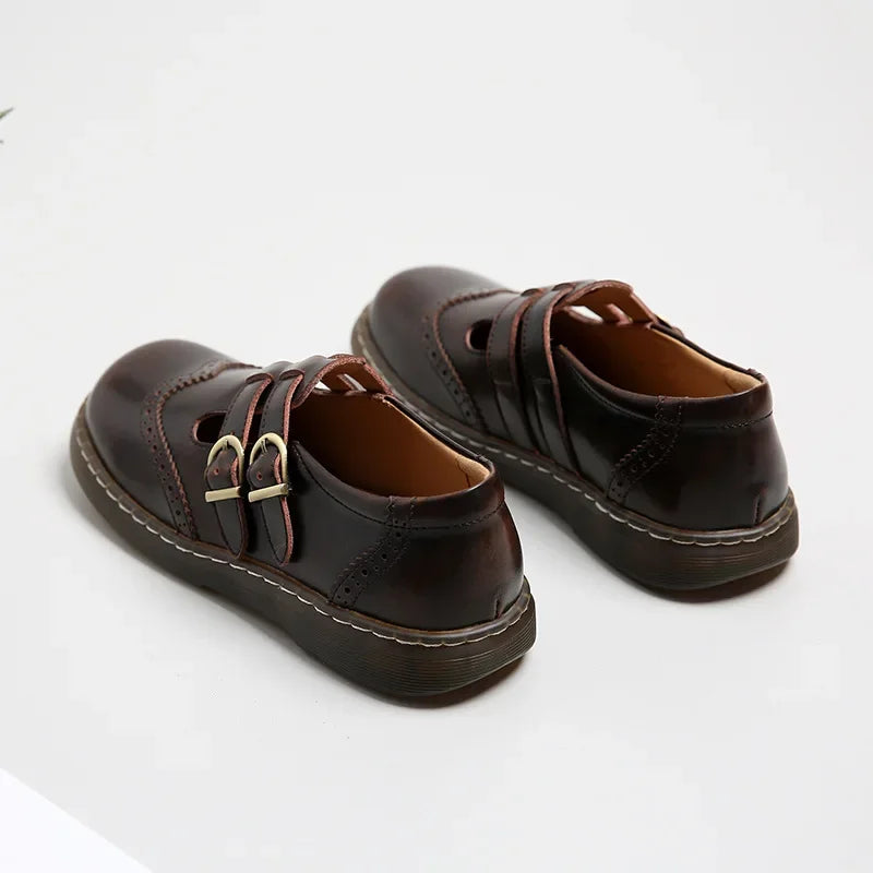 Mary Jane Shoes Thin Section Japanese Double Buckle Low-cut Flat Round Toe Small Leather Shoes