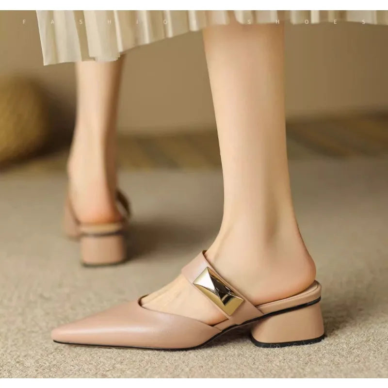Pointed Metal Decorate Muller Shoes Platform Casual Half Slippers High Heel Woman Sandals