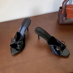 Round Toe Footwear Thin Heels Slides Shoes Butterfly-Knot Slip On High Heels Shoes