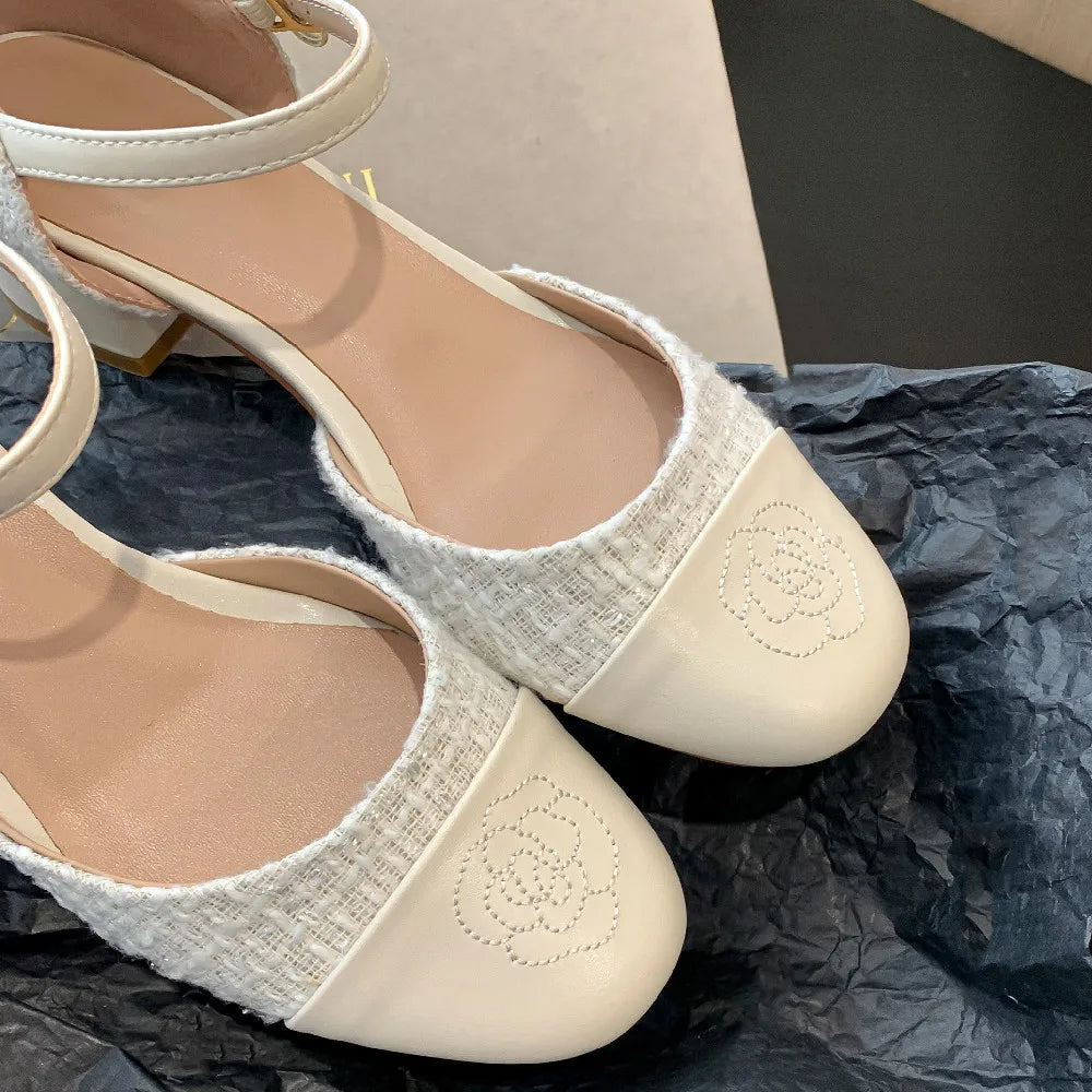genuine leather fabric patchwork ankle strap flats sandals round toe casual espadrilles shoes