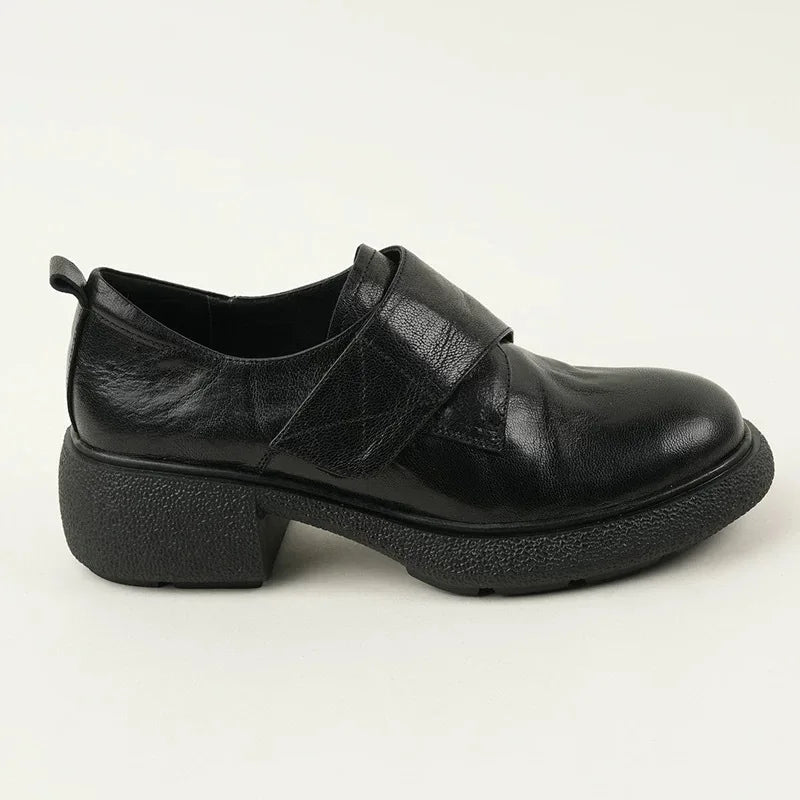 Round Toe Chunky Heels Loafers Casual Elegant Leather Slip On Mid Heels Shoes