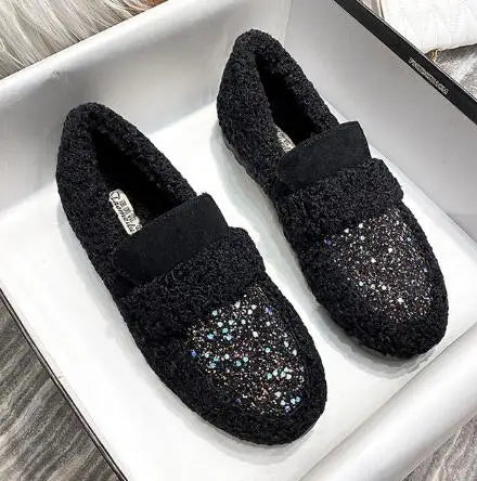 Plus Size 34-43 Wool Shoes Warm Cotton Loafers Femmes Lambswool Moccasins Slip On Round Toe Sheep Fur Flats