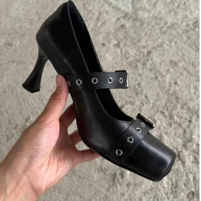 Heeled Ballet Shoes Belt Buckle Casual Chunky Heeled Platform Loafers Square Toe Mary Jane Shoes