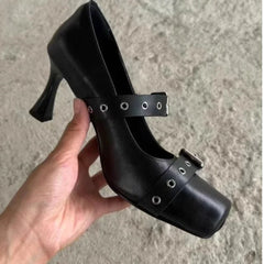 Heeled Ballet Shoes Belt Buckle Casual Chunky Heeled Platform Loafers Square Toe Mary Jane Shoes