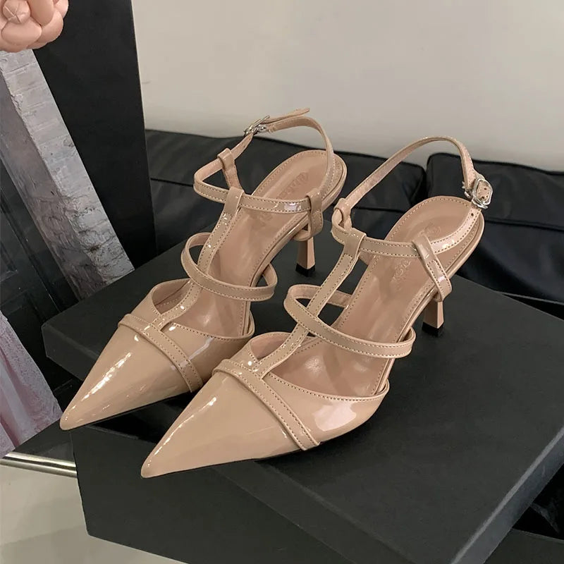 Pointed Toe Pumps Heels Shoes Ankle Buckle Footwear T-Strap Thin High Heels Shoes