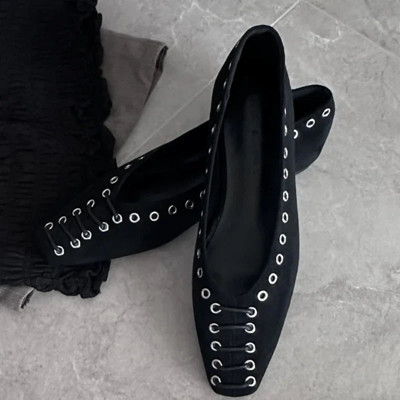 High Quality Faux Suede Flat Mary Jane Shoes Rivets Lace Up Brand Shoes Comfortable Soft Sole Office Shoe