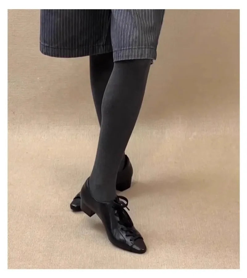 Black British Style Leather Shoes Retro Lace Up Mid Heel Pumps Comfortable Elegant Commuter Office Shoes Zapatos De Mujer