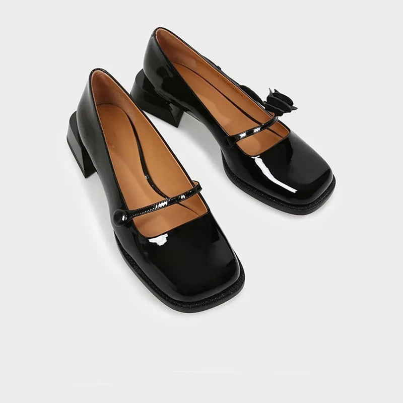 rose flower patent leather shoes woman brand sqaure toe pumps thick heel button strap mary janes talons hauts