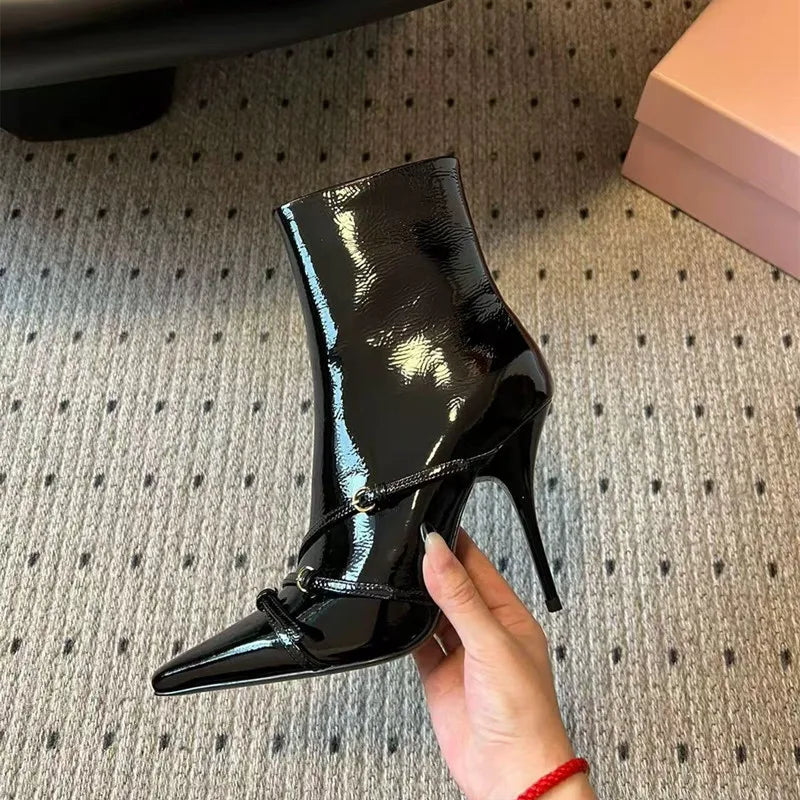 Patent Leather Belt Buckle Ankle Boots Elegant High heels Chelsea Office Lady Short Booties Shoes