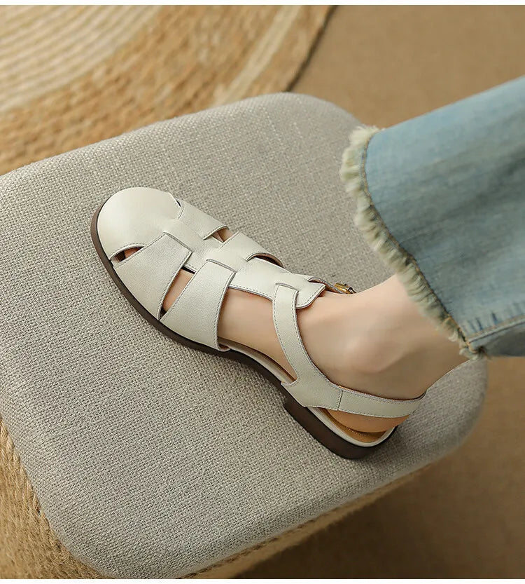 Sandals Low Thick Heel Genuine Leather Hook and Loop Back Strap Casual Sandals Solid Color Shoes