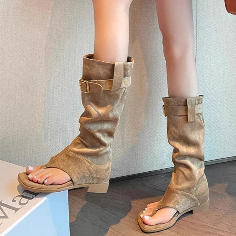 Internal Elevation Knee High Boots Retro Style Clip Toe Shoes Causal Slip On Sandalias Booties