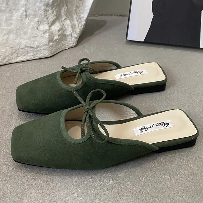 Flat Slipper Square Toe Slip On Mules Shoes Soft Flat Heel Outdoor Dress Sandal Slides Woman