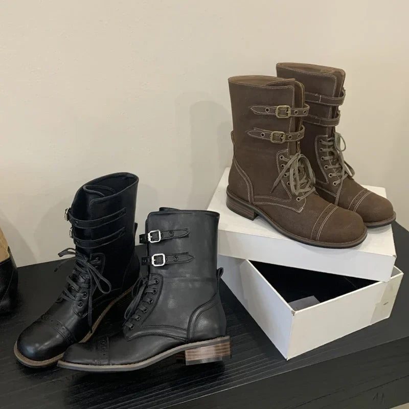 Design Narrow Band Lace-up Knee-High Boots Vintage Round Toe Square Low Heels Shoes