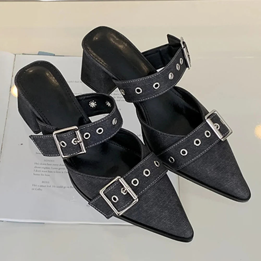 Pumps Belt Buckle Pointed Toe Black High Heel Mule Slides Half Slipper