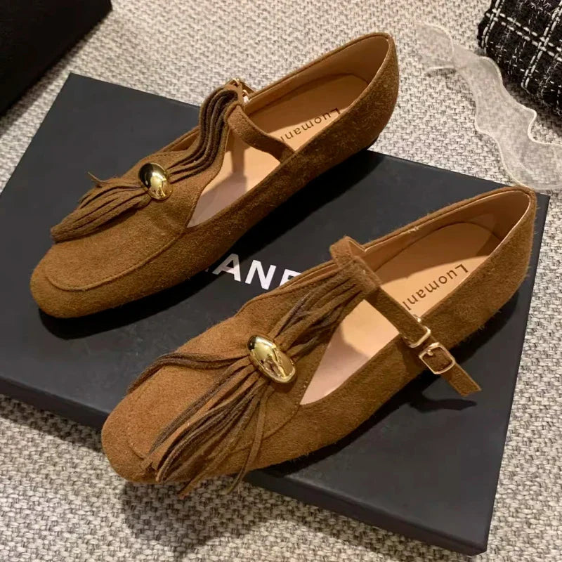 Metal Decoration Tassel Design Flats Comfortable Faux Suede Soft Sole Loafers Retro T Strap Buckle Mary Jane Shoes