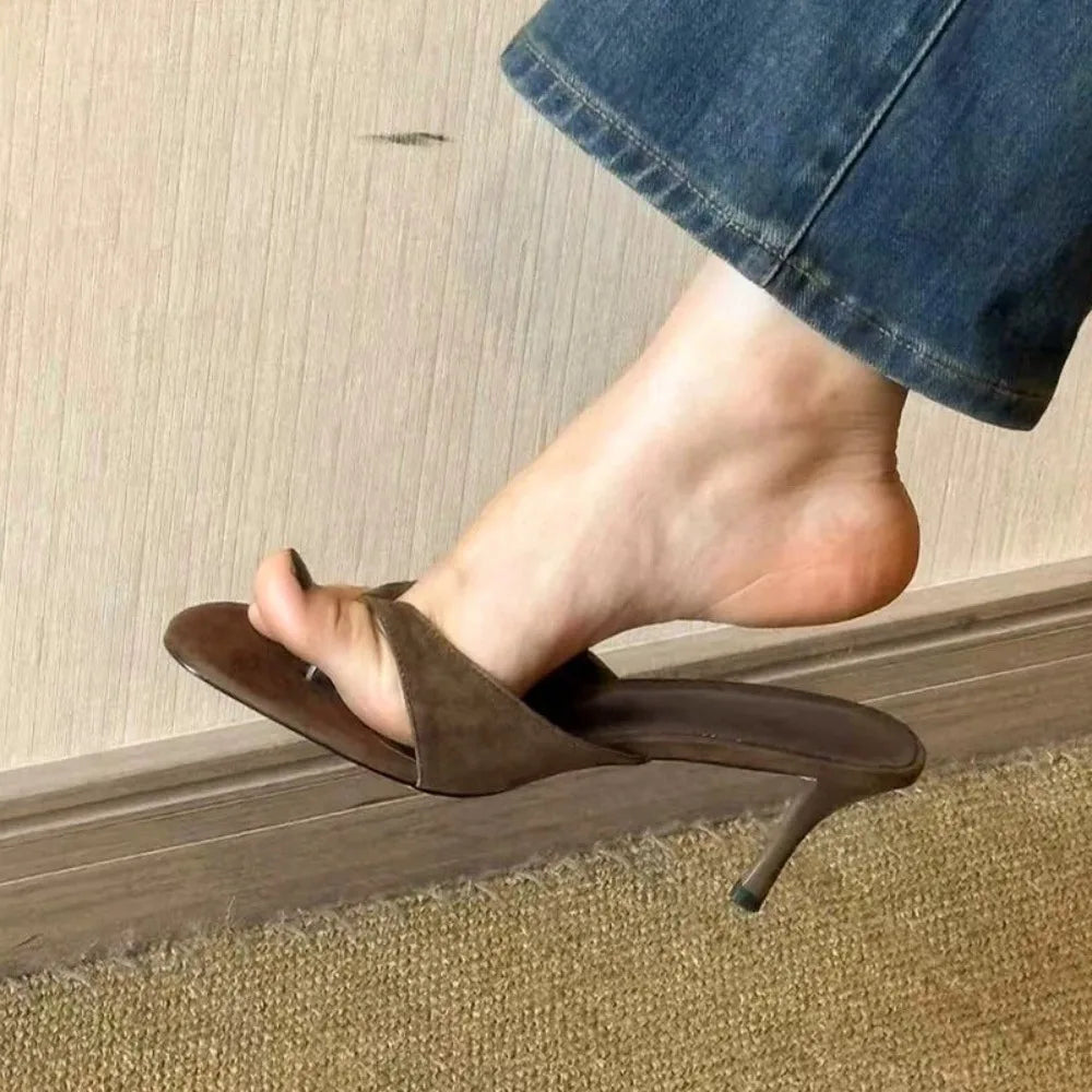 Round Toe Thin Heel Slippers Flip Flops Sandals Shoes Shallow Medium Heels Slippers Slides Pumps