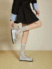 Ballet Flats Round Toe Lace Up Black Pink White Bow Shoes Sandals Ballerinas Mary Jane Shoes