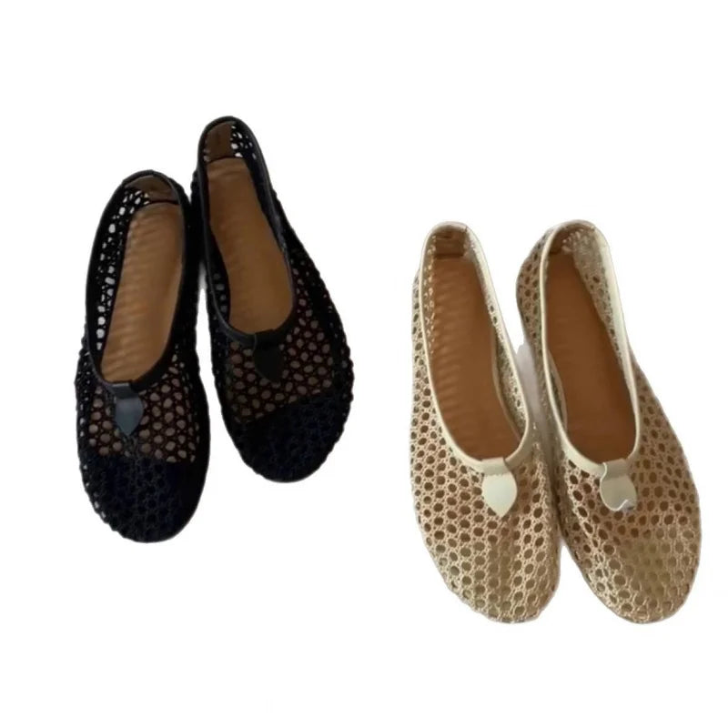 Korean style round-toe braided openwork flat low-cut single shoes