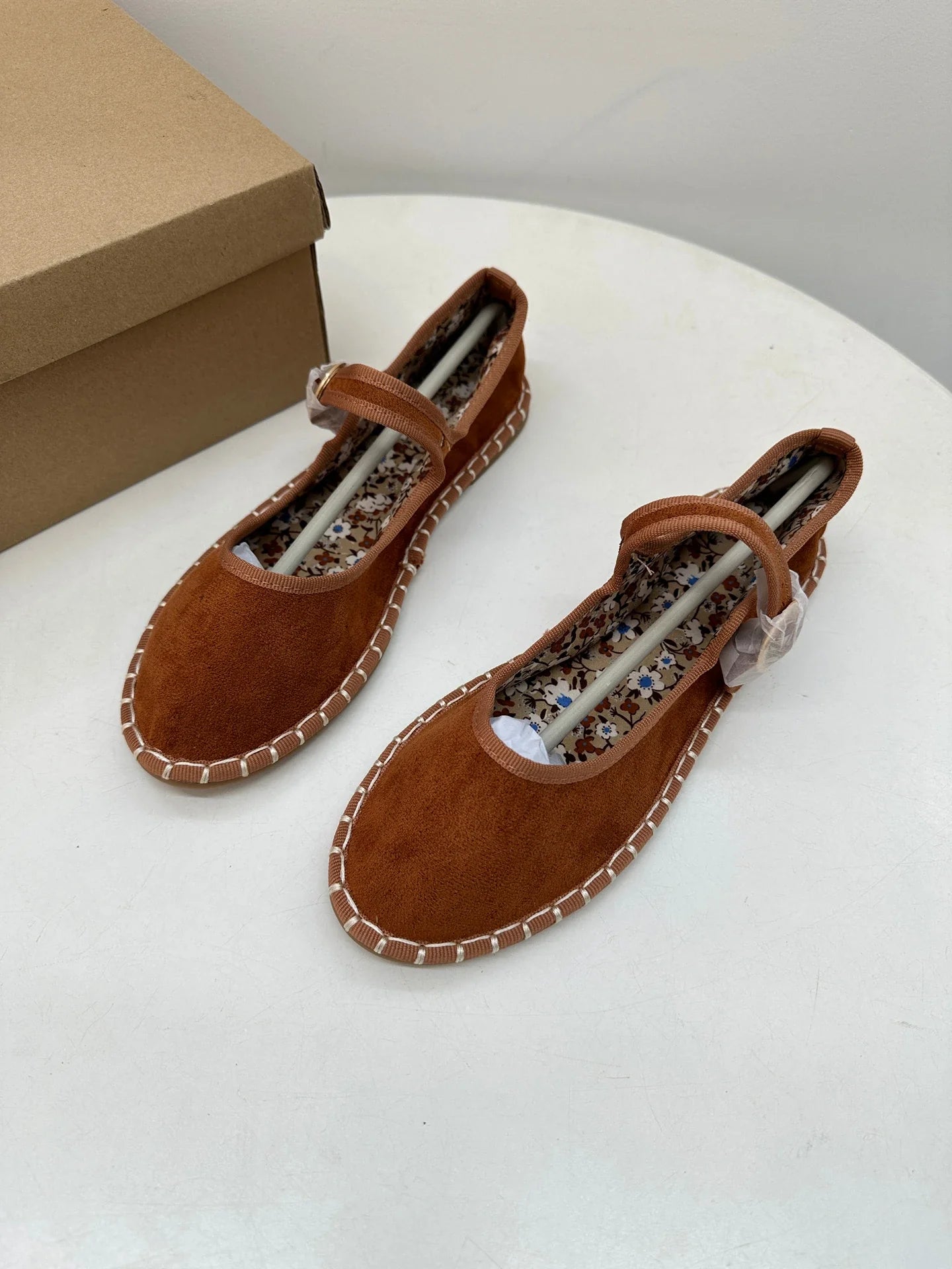 Floral Print Insole Velvet Flats Shoes Hand Stitching Elegant Mary Jeans Shoes Round Toe Ballets Flats Footwear